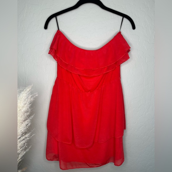 Red Pink Chiffon Ruffled Tiered Strapless Short Dress, size 6 - Picture 10 of 10